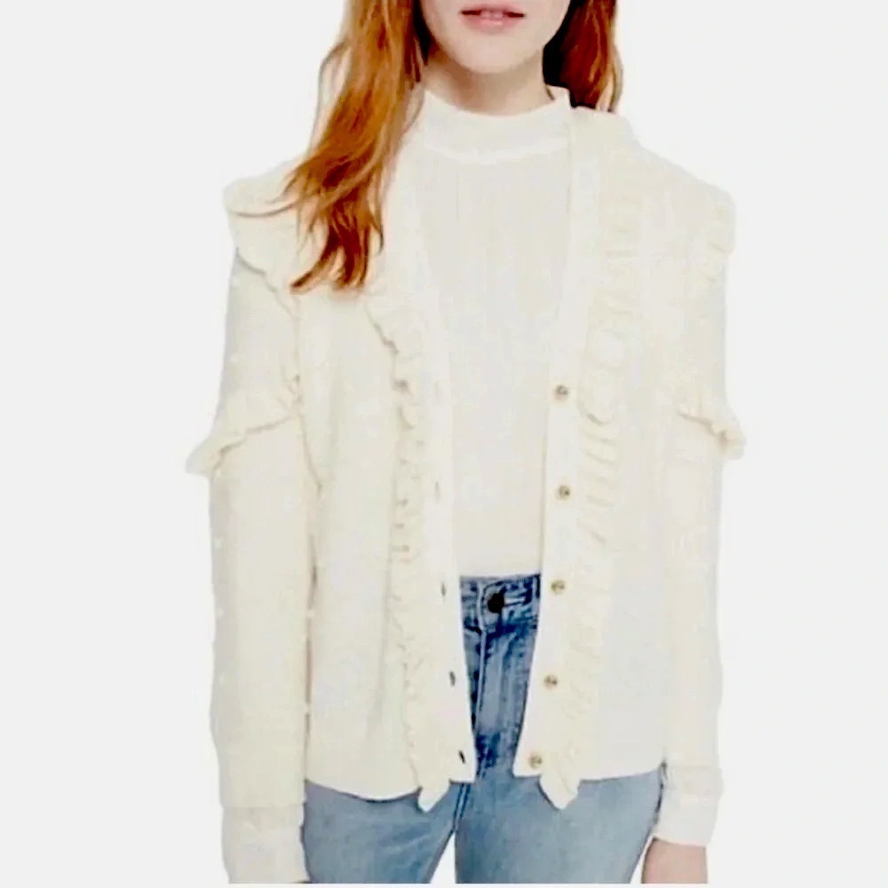 Kate Spade Cream Beige Ruffle Pom Gold Button Sweater Cardigan - Picture 7 of 7